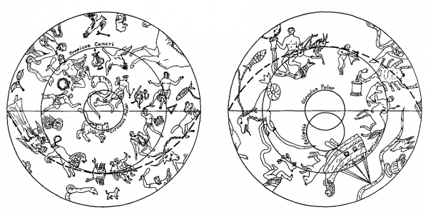 고대에 북반구 별자리(좌측)과 남반구 별자리(우측). 우측에는 보이지 않았던 밤하늘 영역에는 별자리가 그려져 있지 않다. 이 지도는 북극성이 용자리 투반(Thuban)에서 현재의 작은곰자리 꼬리로 이동하는 중이다. 기원전 1000~1500년 부근의 하늘일 것으로 여겨진다.